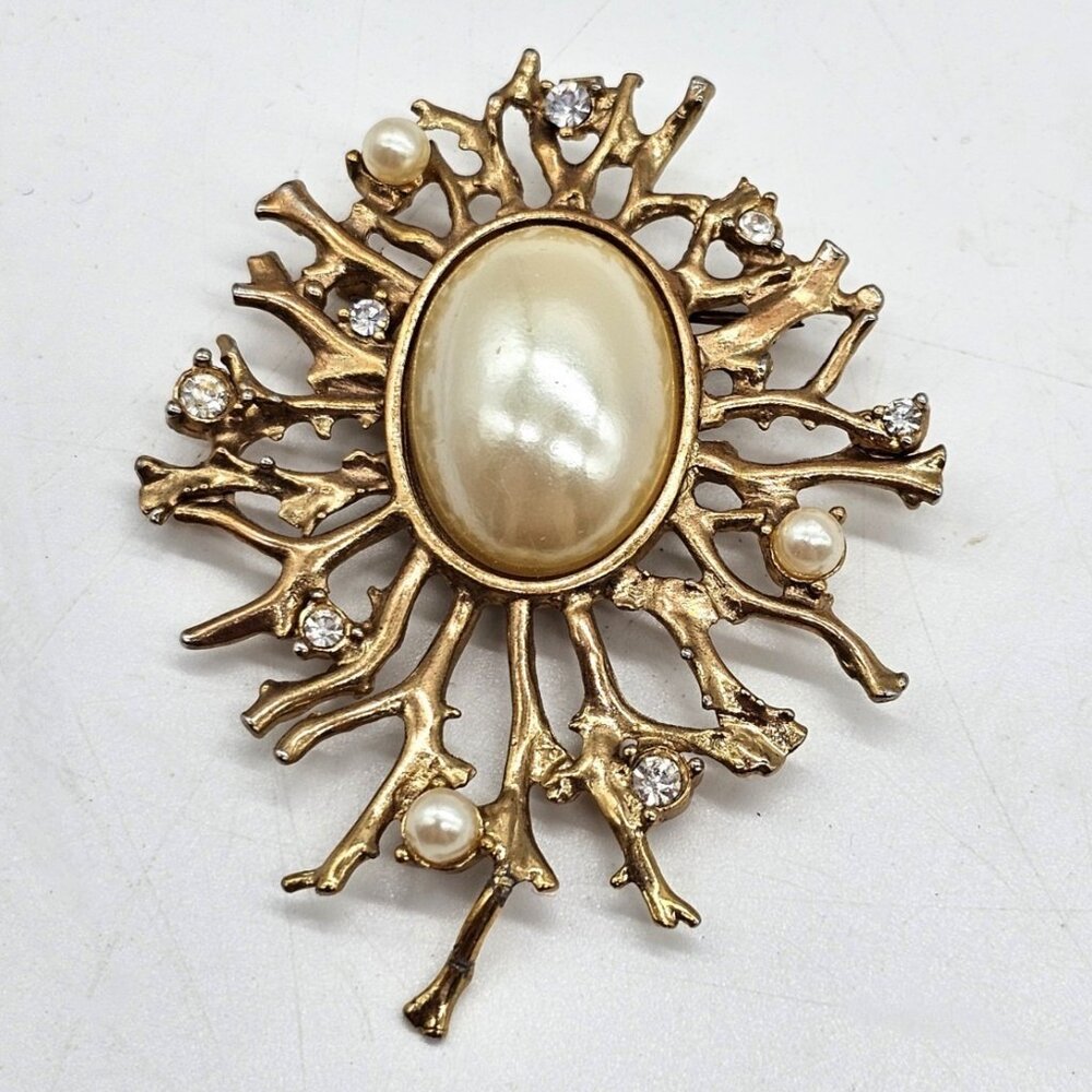 Vintage 1980's Dauplaise Gold Tone Sun Burst Pin Brooch With Faux Pearls Glam